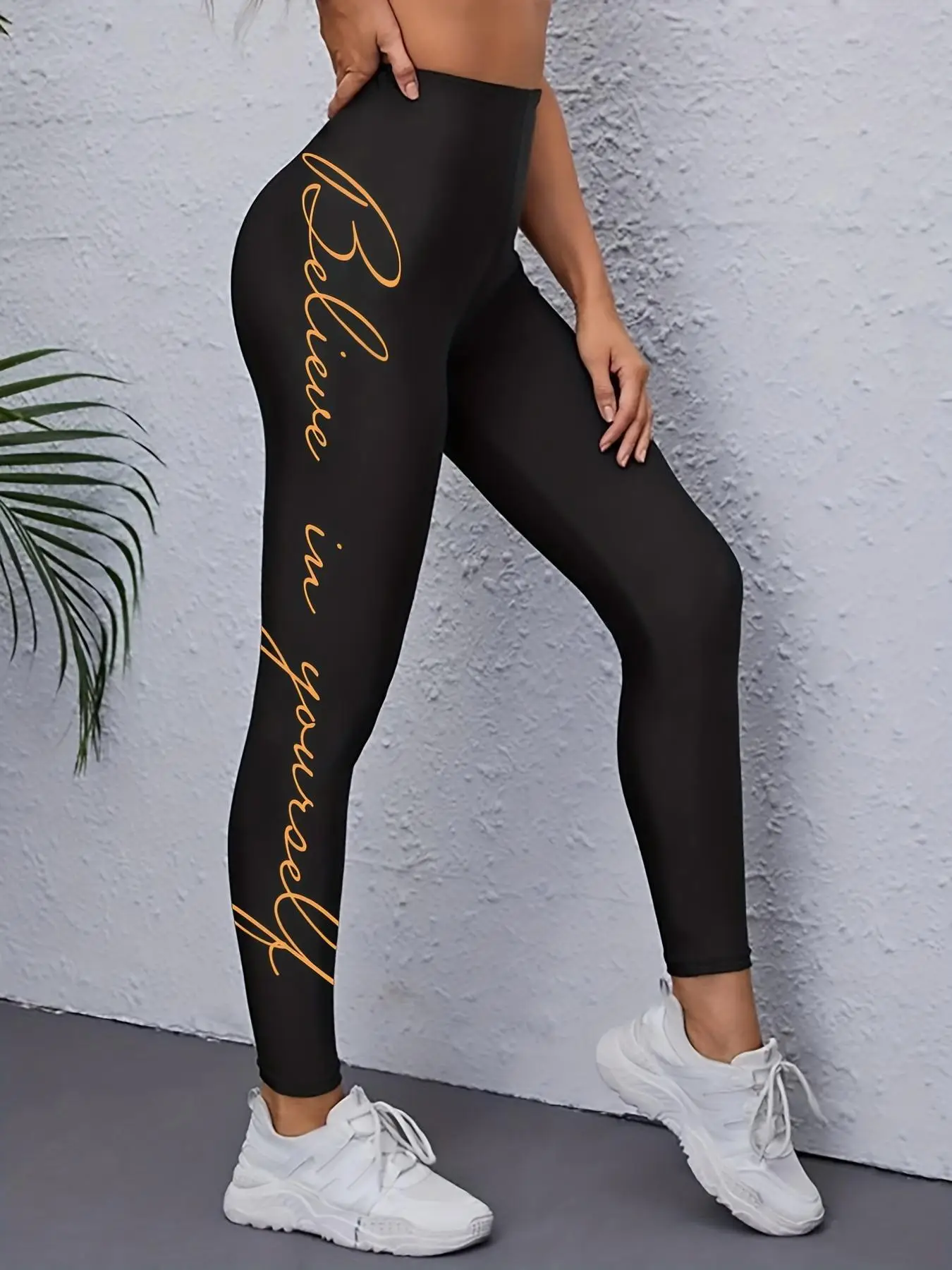 Women's Letter Print High Waist Sports Leggings, Sporty Seamless Wide Waistband Skinny Pants, Ladies Sportswear for Yoga Gym Fitness