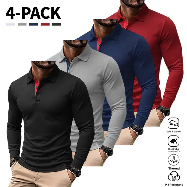 Men's Classic 4-Piece Long Sleeve Thermal Polo Set - Plain Button Front Slim Fit, Smooth Soft Fabric, Lightweight Warm Knit, Non-Squeezing Cut, Ideal for Office Work & Daily Wear, All Seasons, White-Red-Gray-Dark Blue Muted Tones