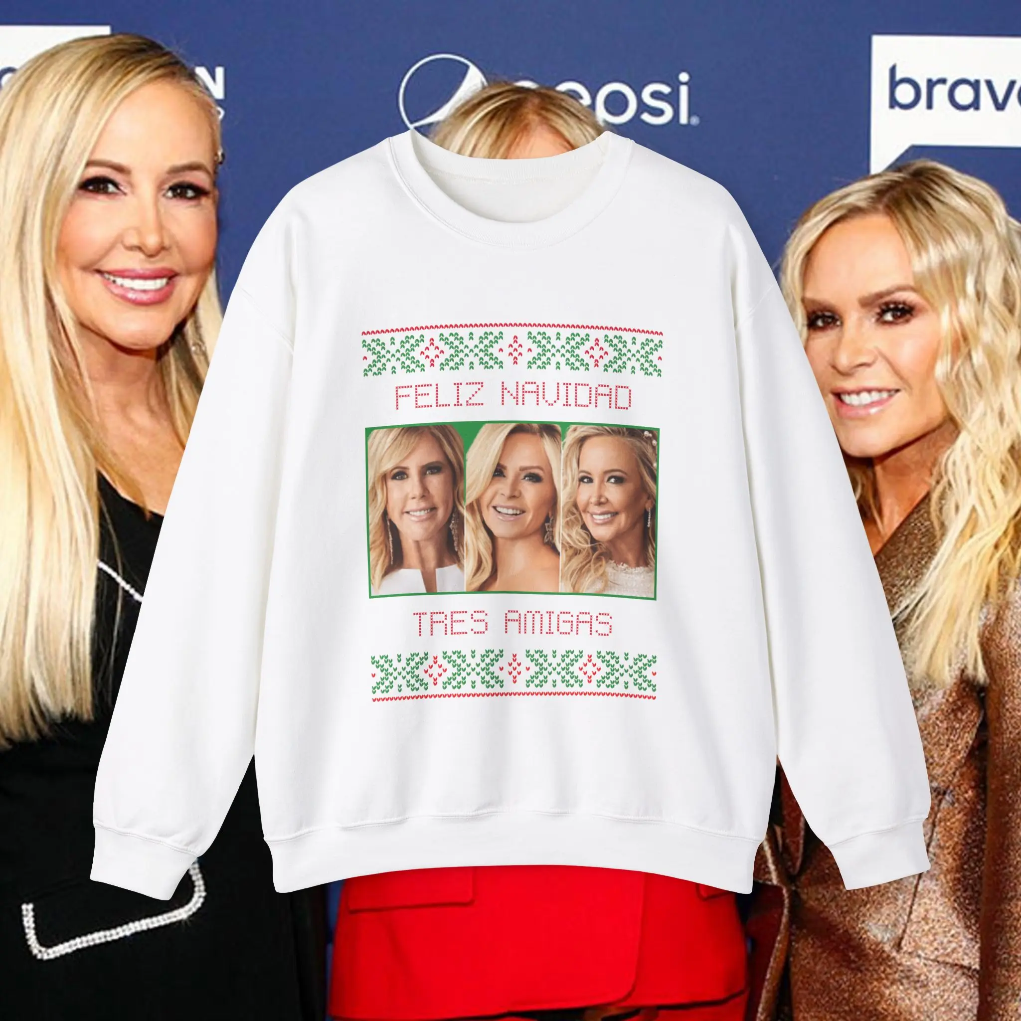 Real Housewives Tres Amigas Ugly Christmas Sweater, Bravo Ugly Christmas Sweater, Tres Amigas, Real Housewives Ugly Christmas Sweater, Bravo