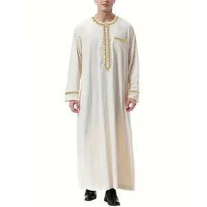 [Saudi Arabic Thobe] Men's Saudi Arabic Thobe |   Vintage Long Sleeve, Crew Neck, Solid Color, Ruffle Neckline