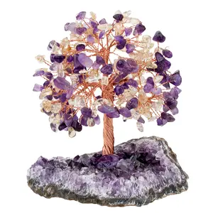 Deluxe Amethyst Geode Money Tree - Natural Raw Amethyst Cluster Base with Citrine & Amethyst Crystal Leaves - Handcrafted Feng Shui Tree of Life for Prosperity & Spiritual Peace