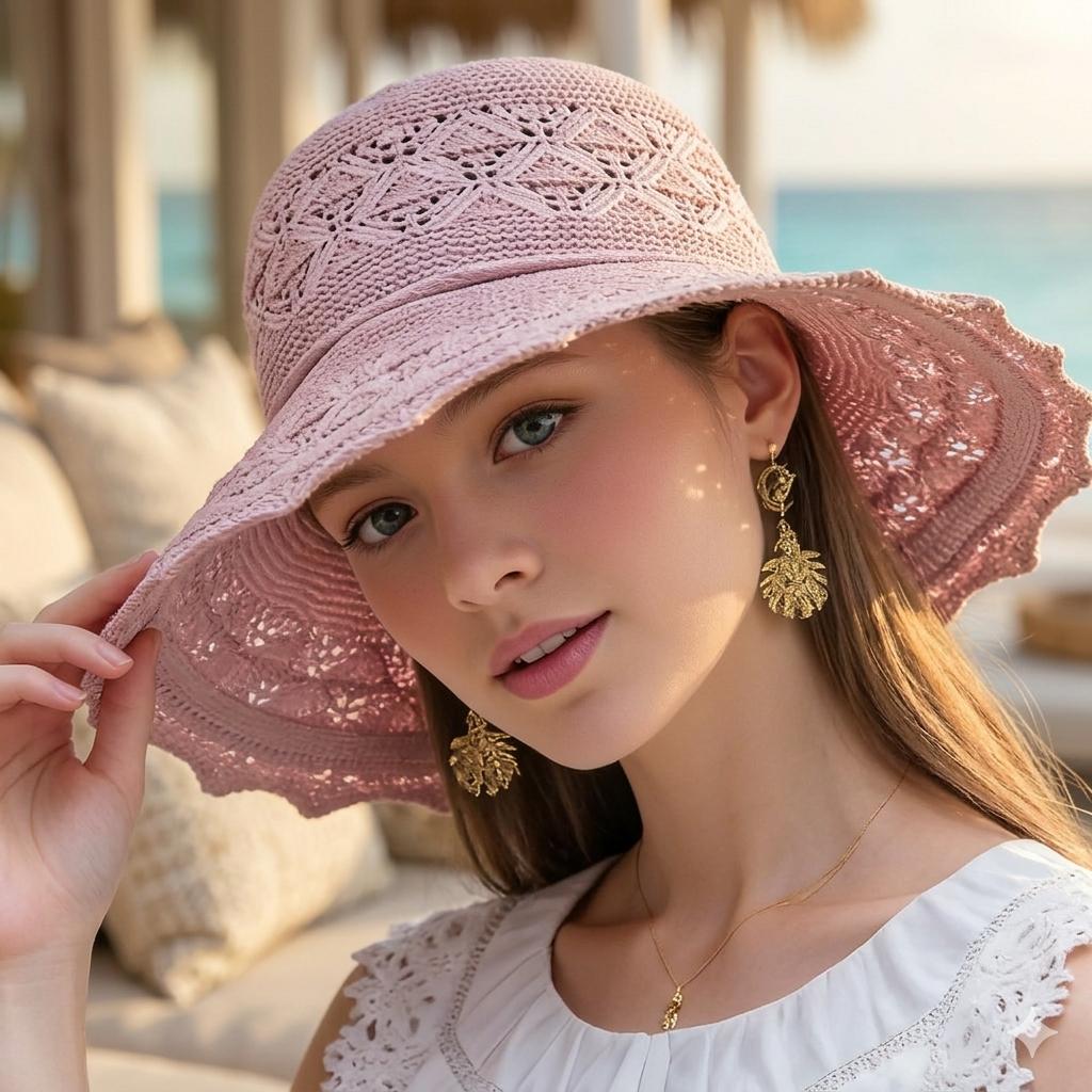 Vintage Romantic Floral Sun Hat - Elegant Wide Brim Lace Crochet Beach Hat - Trendy Cottagecore Aesthetic Summer Accessory - Ideal Gift for Her - Stylish Sun Protection Foldable Cap for Weekend Getaway