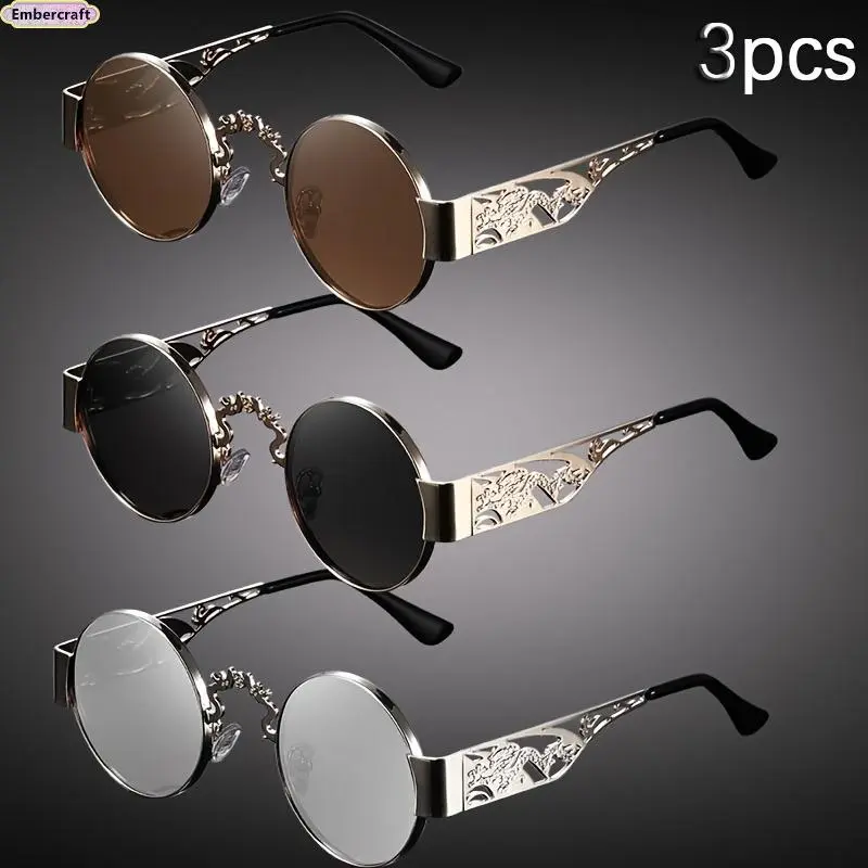 Cool Sunglasses 3-Piece Set, Unisex Vintage Double Dragon Play Beads Metal Frames, Lightweight Hollow Wide Eyeglasses with Printed Temples, Men's Accessories, Stylish Accessories, Wide Hollow, Vintage Print, 3-Pieces, Unisex Street Fit, Casual Daily, Ligh