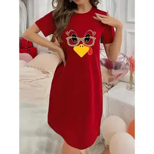 Soft Micro Stretch Women's Lingerie Turkey Printed Short Sleeve Round Neck Nightgown Sexy Elegant Young Style Women's Christmas Dress Halloween Christmas Thanksgiving New Year Gift Ideas
