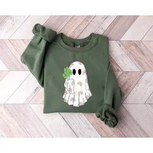 St. Patrick’s Day Ghost Sweatshirt, Rainbow Ghost Shirt, Festive St. Patrick's Day Apparel, Cozy Holiday Sweatshirt