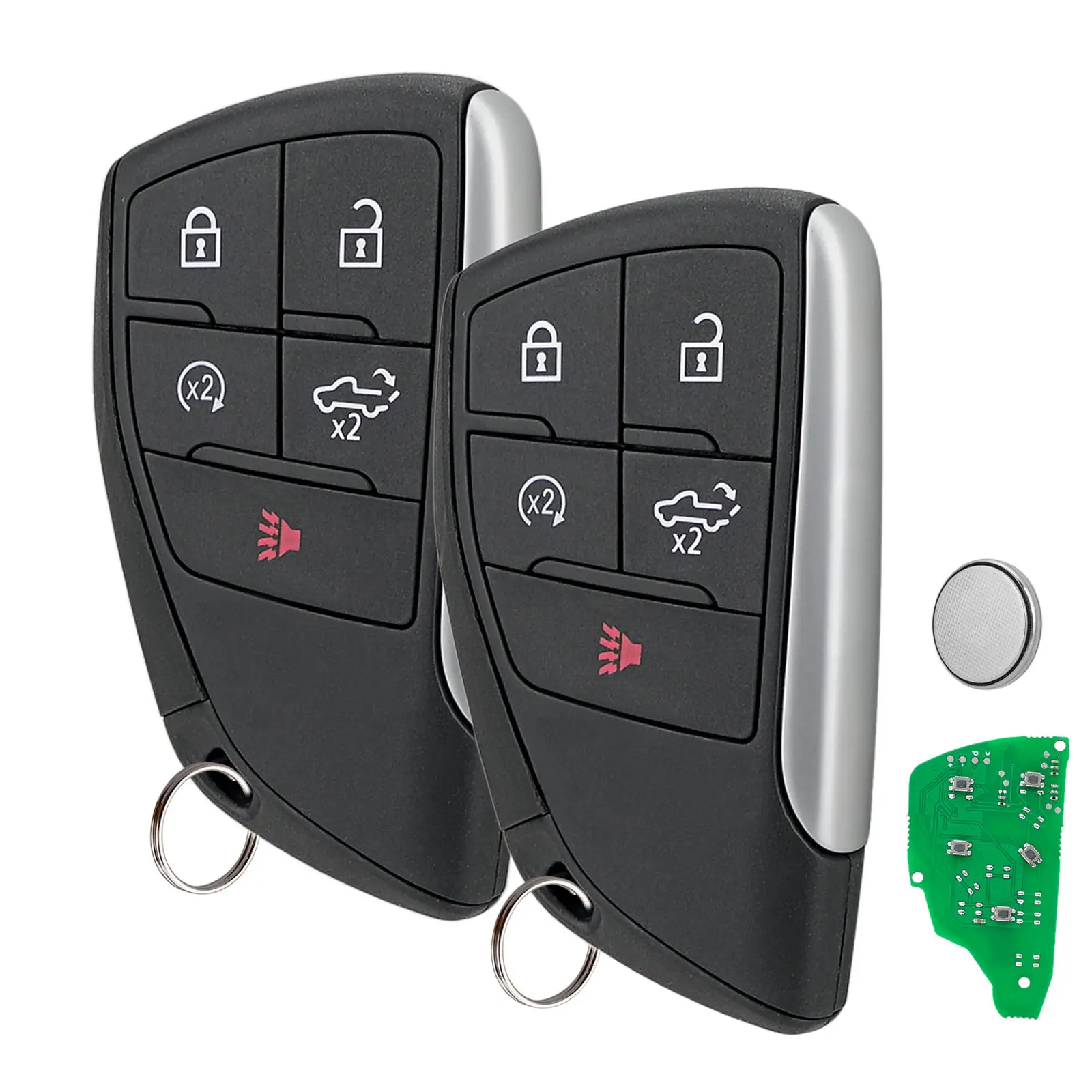 5-Button Smart Proxy Remote Key Fobs (2 Pack) with CR2450 Batteries & Emergency Insert Key - 433 MHz All-Seasons Vehicle Replacement for 2021-2024 Chevy Silverado, 2021-2024 GMC Sierra 1500/2500 HD/3500 HD
