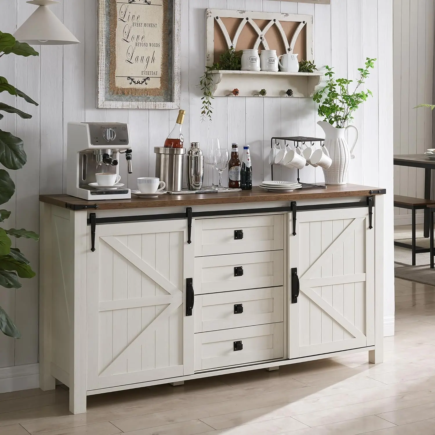 T4TREAM Farmhouse Sideboard Buffet Cabinet with Storage, 60" Large Kitchen Cabinet w/Sliding Barn Doors and 4 Drawers, 31.2'' Tall Wood Coffee Bar Table for Dining Room