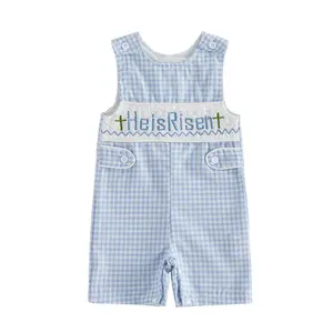 Babamoon Toddler Baby Boy Easter Plaid Romper He is Risen Letters Embroidery Crew Neck Sleeveless Overalls Jumpsuit 0-24 Months