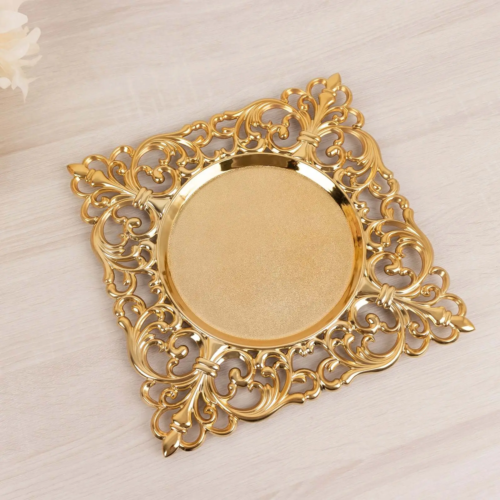 12" Gold Acrylic Square Charger Plates with Hollow Lace Border, 6-Pack Elegant Plates for Event Tabletop Decorative Tableware