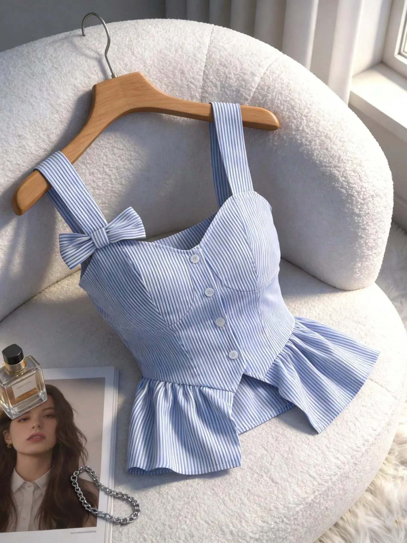 Women's Blue Striped Bow Strap Camisole Tank Top, Casual Cami, Casual Summer Sleeveless, Casual Fitted Sleeveless, Slim-Fitting Ruffle Hem Short Vest, Casual Sweet Style Commuter Shirt, Sleeveless Woven Fabric Ruffled