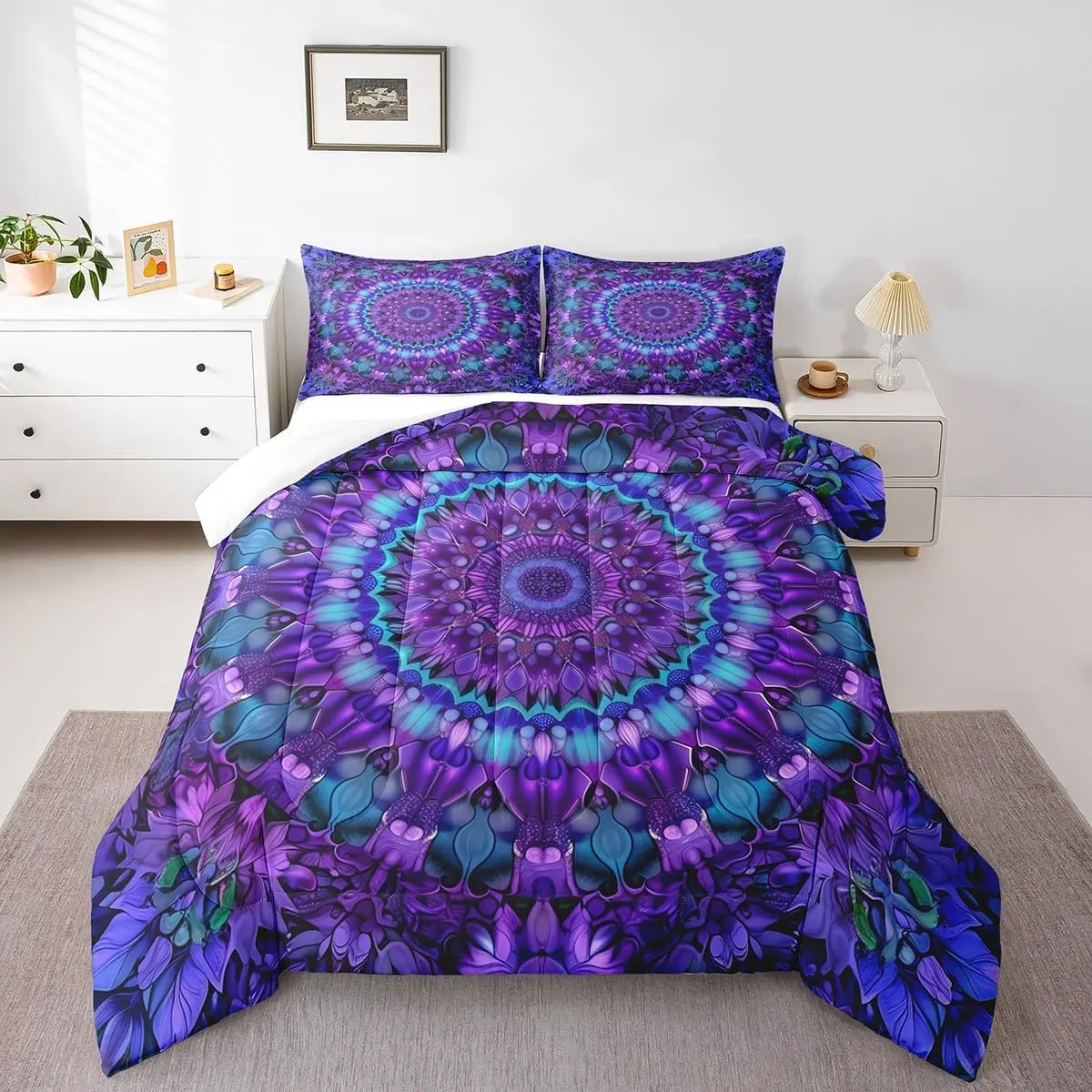 Feelyou Comfy Floral Bedding Set - Soft Breathable Polyester Decorative Duvet Cover, Boho Chic Mandala Medallion, Exotic Flowers Tie-Dye Spiral, All Over Print Duvets & Sets, RV/Campground Travel-Friendly, Multi-Size Options, Comfy Bedding Set, Machine Wa