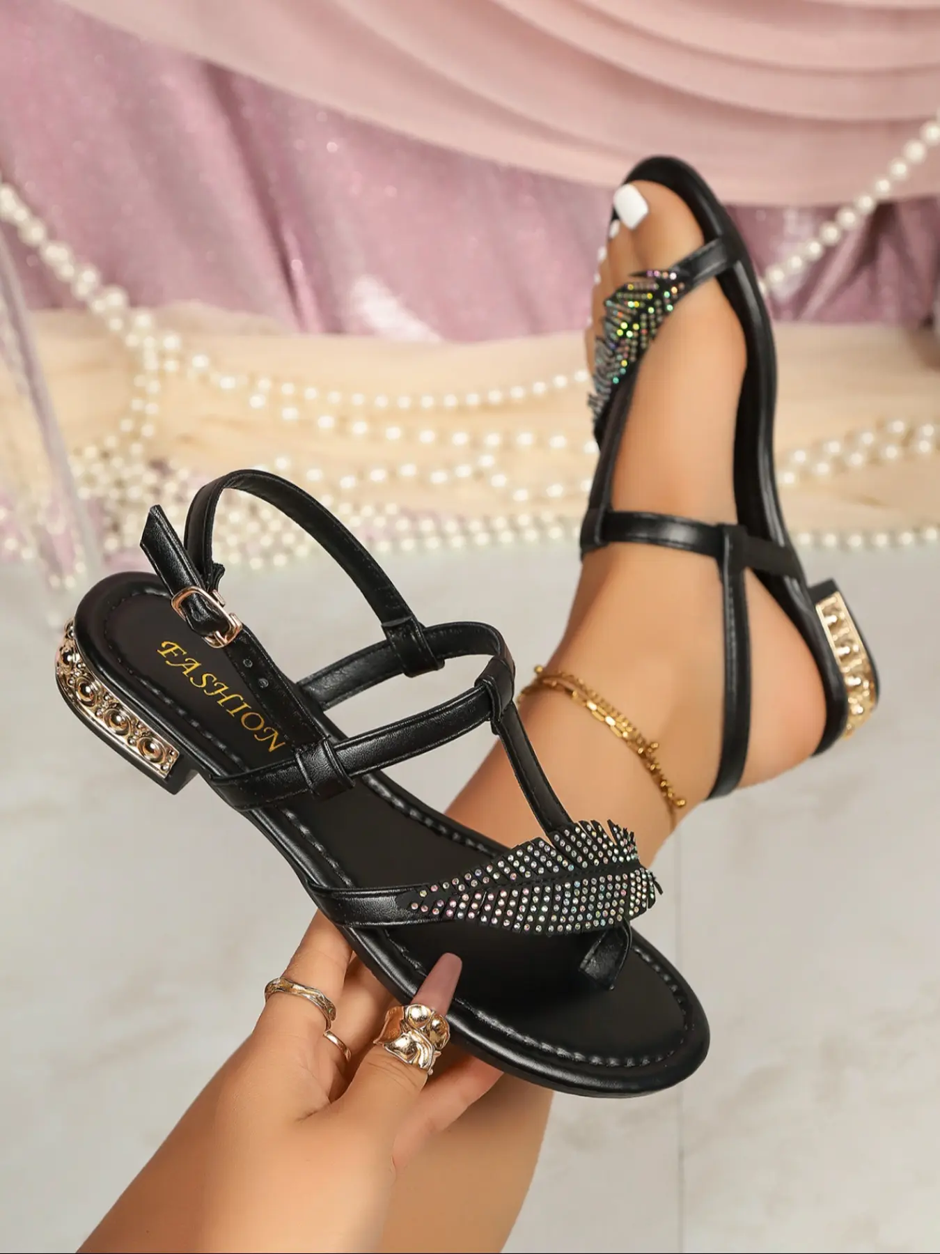 Summer New Rhinestone Feather Toe Low Heel Sandals Women Boho Shoes, Back Strap Thin Band Soft Sole Roman Shoes, Bohemian Trending Sandals, Elegant Versatile Commute Beach Vacation Slimming Outdoor Ladies Sandals