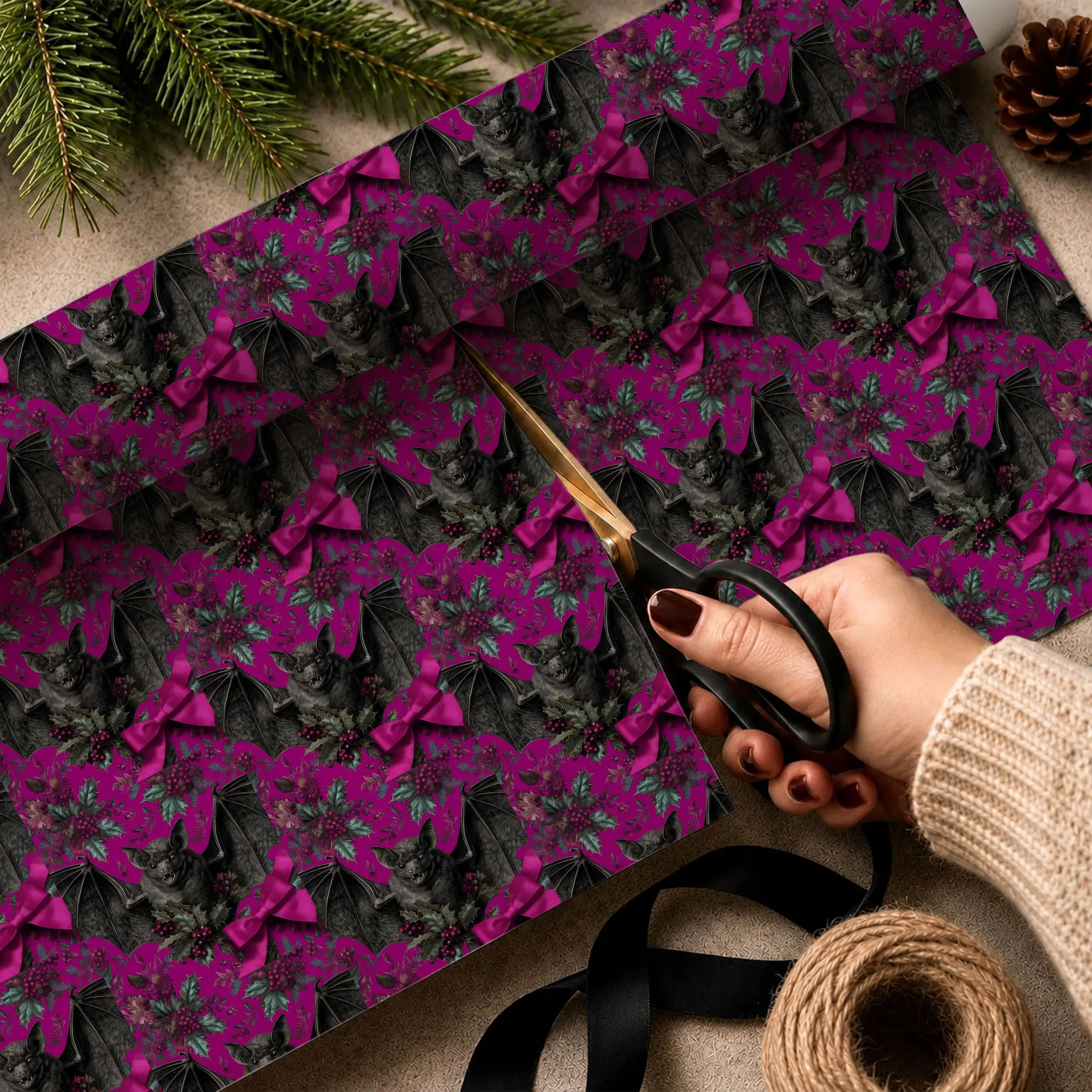 Black Bat Christmas Wrapping Paper, Gothic Gift Wrap with Magenta Bows, Holly Berries and Dark Floral Art for Holiday Gifts, Birthdays & Parties