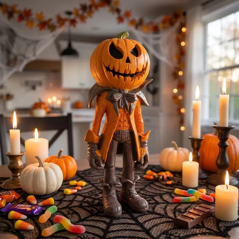 Halloween Pumpkin Head Scarecrow Figurine, Spooky Lantern Man Statue with Vintage Trench Coat and Bowtie, Indoor Tabletop Home Decor Centerpiece for Fall and Party Display Trench Coat Pumpkin for Man Statue Ornament, Halloween Home Decor