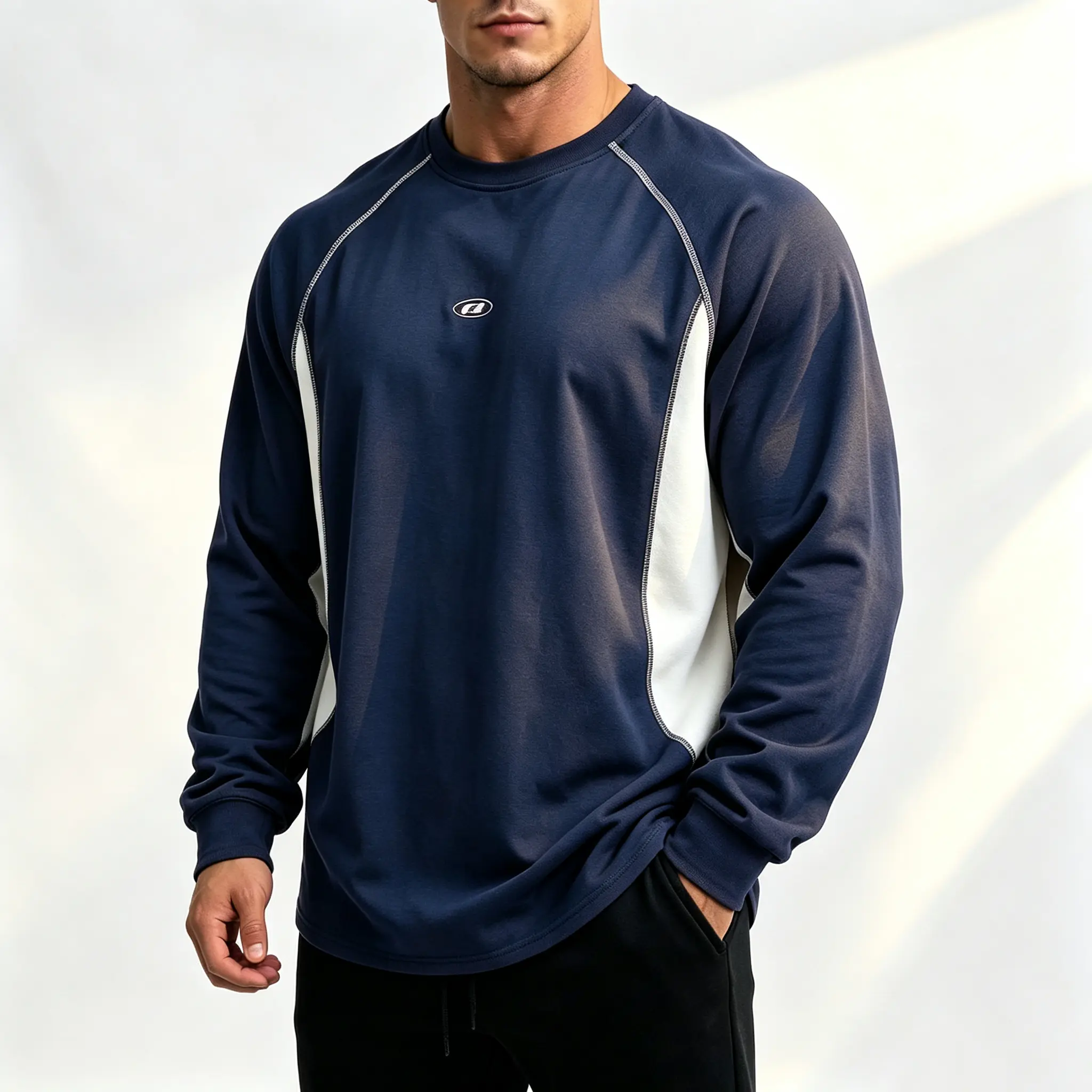 Men’s Color-Block Raglan Quick-Dry Long-Sleeve T-Shirt - Spring/Autumn, Breathable Fabric, Loose Fit, Curved Hem, Patchwork Design - Long Sleeves Athletic Casual Sporty Outdoor Base Layer for Fitness Training