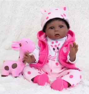 22-Inch Realistic African American Reborn Baby Doll, Lifelike Newborn with 3D Painted Skin, Soft Vinyl Limbs, Cloth Body, Pink Polka Dot Outfit, Giraffe Plush Toy, Unisex Birthday/House Decoration Collectible Gift