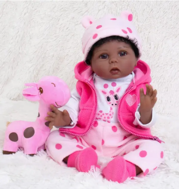 22-Inch Realistic African American Reborn Baby Doll, Lifelike Newborn with 3D Painted Skin, Soft Vinyl Limbs, Cloth Body, Pink Polka Dot Outfit, Giraffe Plush Toy, Unisex Birthday/House Decoration Collectible Gift