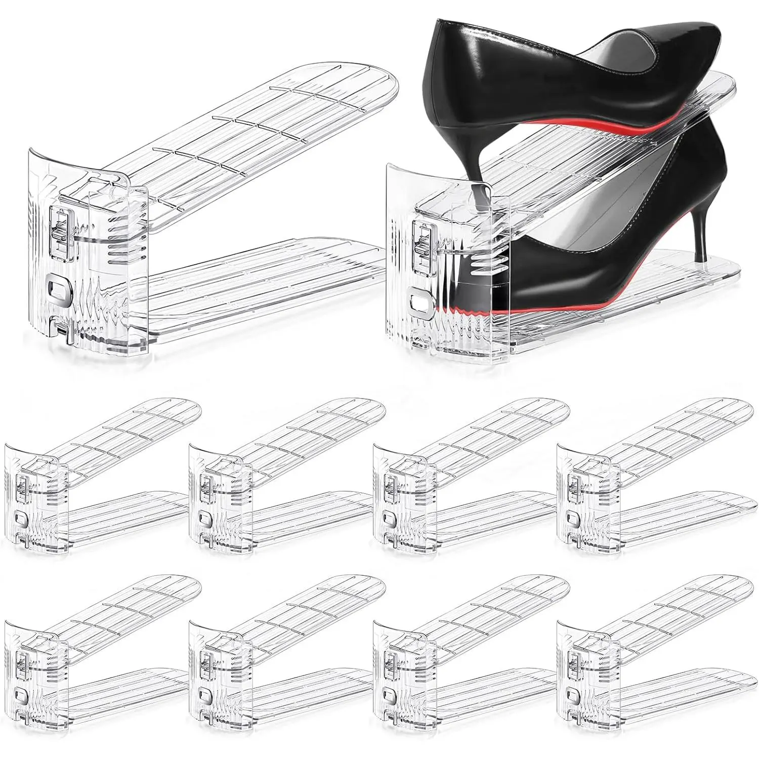 10 Pack Shoe Slots Organizer, Clear Shoe Shelf Organizer for Closet, 3-Level Adjustable Double Layer Space Saving Shoe Rack with Anti-Slip Baffles, Shoe Stacker for Sneakers Heels and Flat