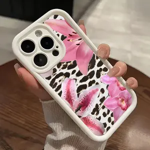 Leopard Pink Lily Pattern TPU Phone Case for iPhone 16 15 14 Pro Max 13 12 11 XR XS Plus Shockproof Full Camera Protection Durable Slim Silicone Cover Cellphone Protective Smartphone Casing Protector
