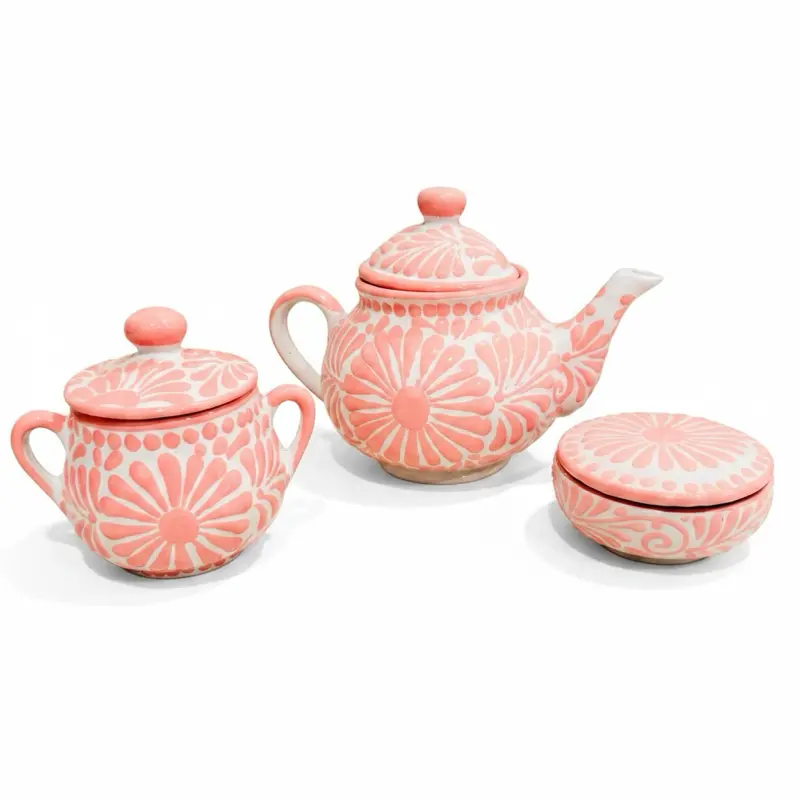 Mexican Pink Talavera Coffee Teapot Set with Sugar Bowl and Serving Dish with Lid Talavera Rosa con Tetera Azucarera y Charola Chica con Tapa