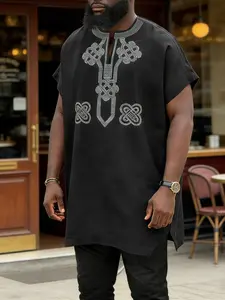 Men's Ethnic Cultural Dashiki Set, Spring Summer Fashion, V Neck, Rhinestones, Short Sleeve, Split Hem Pullover, Drawstring Pants, Lightweight Breathable