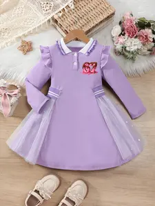 Girls' Stylish Sports Dress for Spring & Autumn, Creative Numeric Alphabet Print, Easy-Clean Casual Dress for Ages 12 and Under