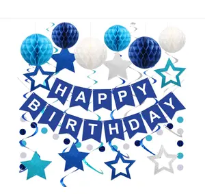 Birthday Decorations, Happy Birthday Banner with Honeycomb Balls, Stars Hanging Swirl Streamers, Circle Dots Garland, Happy Birthday Party Decorations for Women Men Boys Girls (Blue)