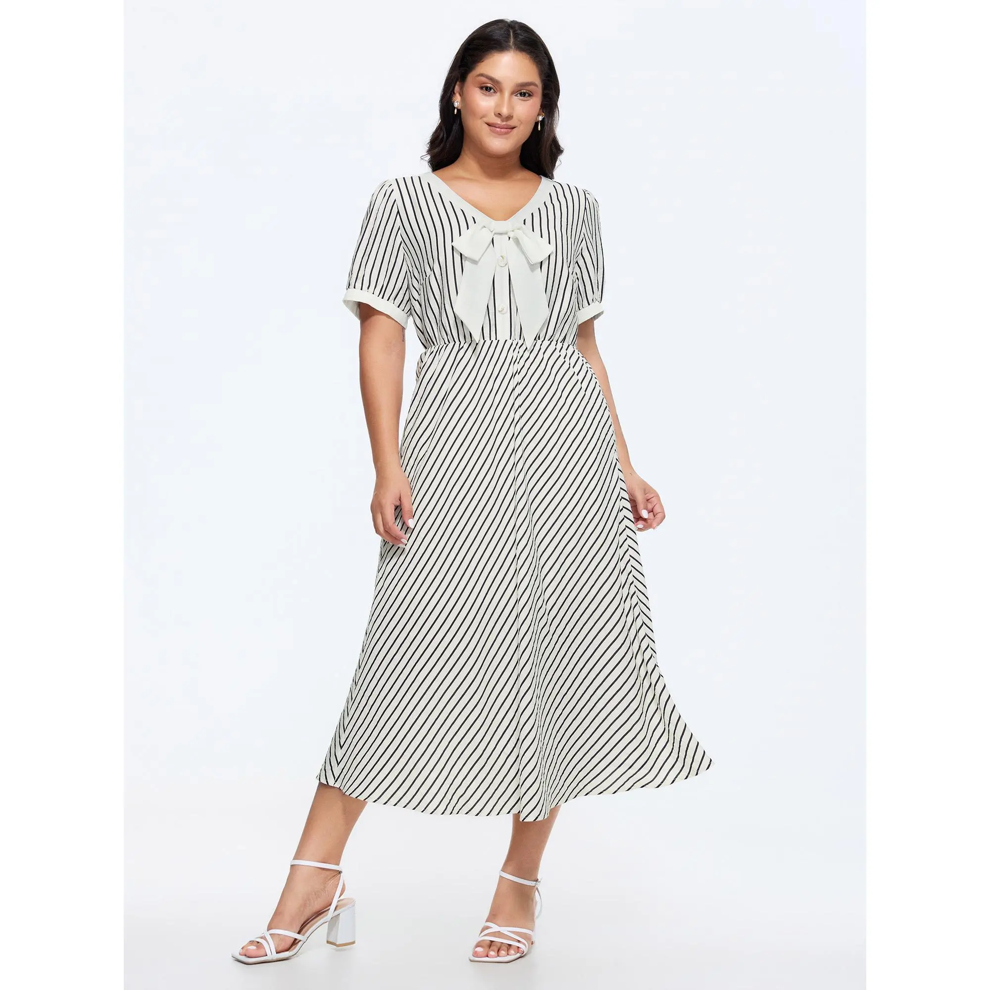 BloomChic Women's Plus Size Fit Casual Bold Stripe Print Shortleeve Midi Dress - Smooth Rayon-Nylon-Polyester Fabric, Tie-Neck, Lantern Sleeves, Pockets, Button Front, Beltfree Ease, Cold Wash, No Tumble Dry, Low Iron, Shortsleeve, Casual Wear