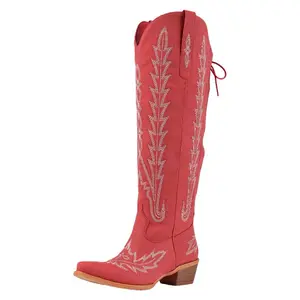 Retro Style Womens Pointed Toe Over Knee Boots Embroidery Western Mid Block Heel