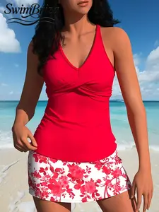 Briza｜Halter V Neck Tankini Swimsuits Set In Bright Red With White Floral Skirt, Two-Piece Swimsuit For Women And Tankini Suit For Vacation Swimwear For Women, Tankini For Women With Tummy Control Swimwear, Padded Beach Bathing Suit