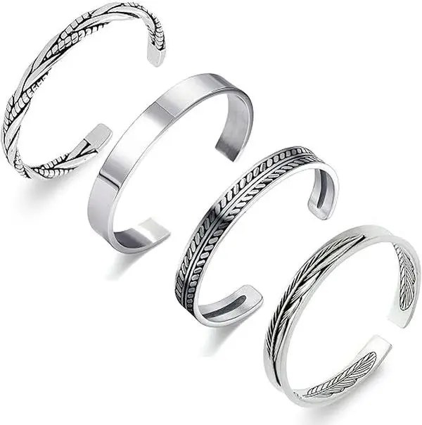 4PCS Men's Cuff Bracelets Cuff Bracelet Leaves Pattern Twisted Open Cuff Bracelet