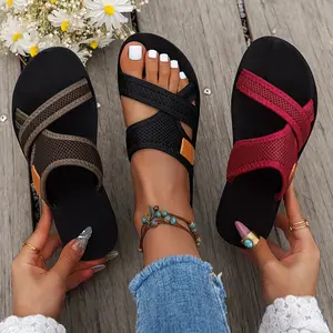 Women's Black Mesh Cross-Strap Slide Sandals |   Breathable Non-Slip Cushioned Sole Sandals - All-Season Outdoor Walking Travel Daily Shoes with Branded Leather Patch