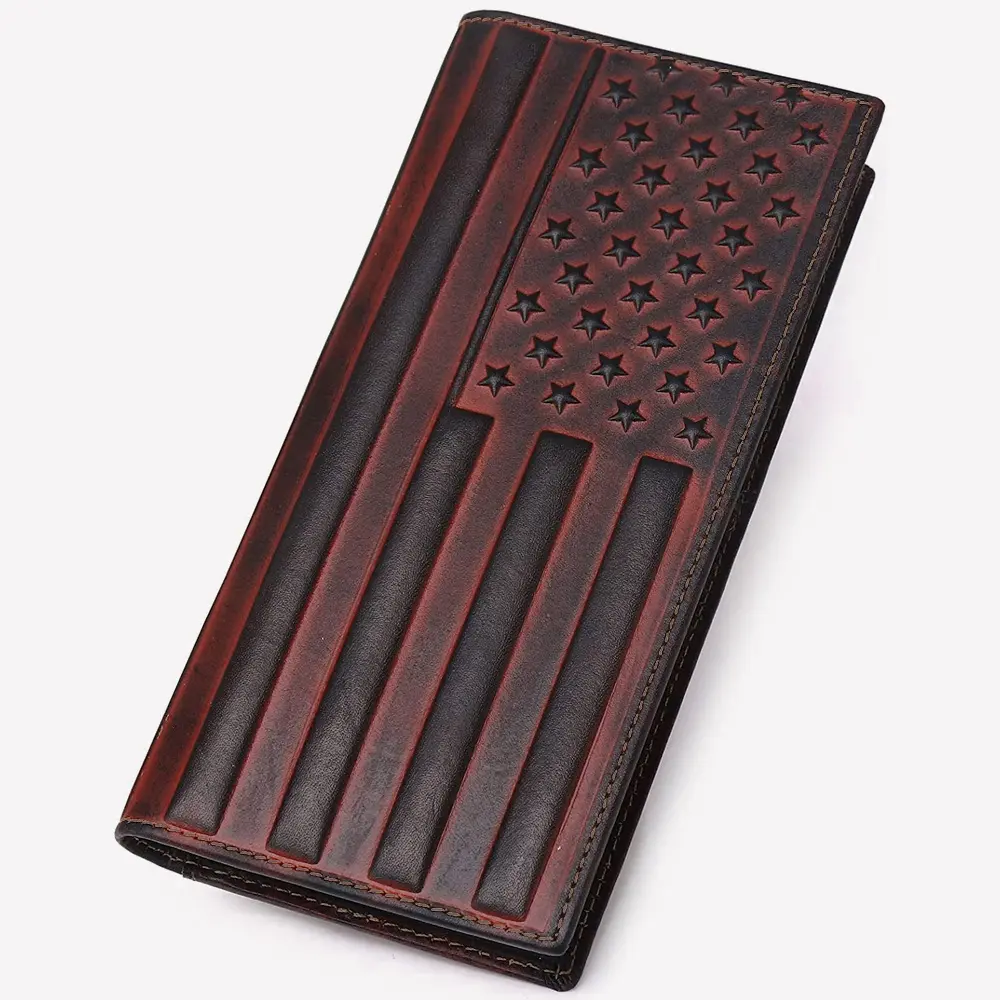 Western American Flag Design Full Grain Leather Wallet For Men Vintage Genuine Leather Checkbook Wallet Cowboy Credit Card Holder,Gift For Husband Christmas