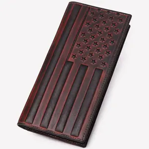 Western American Flag Design Full Grain Leather Wallet For Men Vintage Genuine Leather Checkbook Wallet Cowboy Credit Card Holder,Gift For Husband Christmas