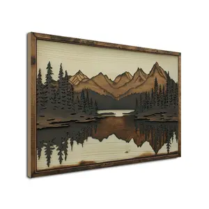 Wooden Painting Hanging Sign Decor, Rustic Woodgrain Print, 1 Count Mountain & Lake & Forest Pattern Wall Art Decoration, Wall Decor for Home Farmhouse Living Room Office