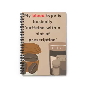 Caffeine with a Hint of Prescription Journal - 118 Ruled Pages, 90gsm Paper, Metal Spiral Binding, Document Pocket, 6"x8" Size, Portable Notebook for Notes & Sketches