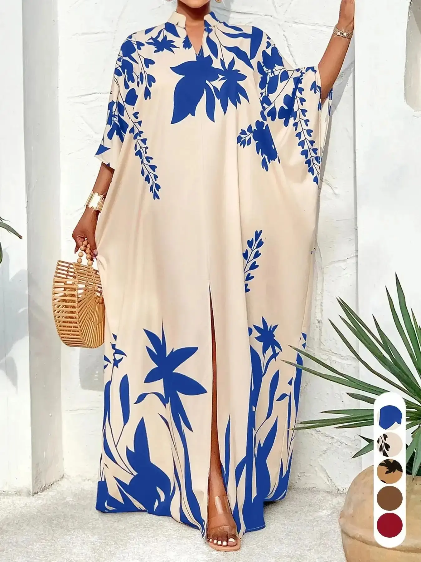 Women's Elegant Chic Long-Sleeve V-Neck Batwing Plant Print Casual Summer Dress, All-Season Plus-Size Commuter Wear Elegance trending now contemporary stylish wardrobe staple stretch fit party dress