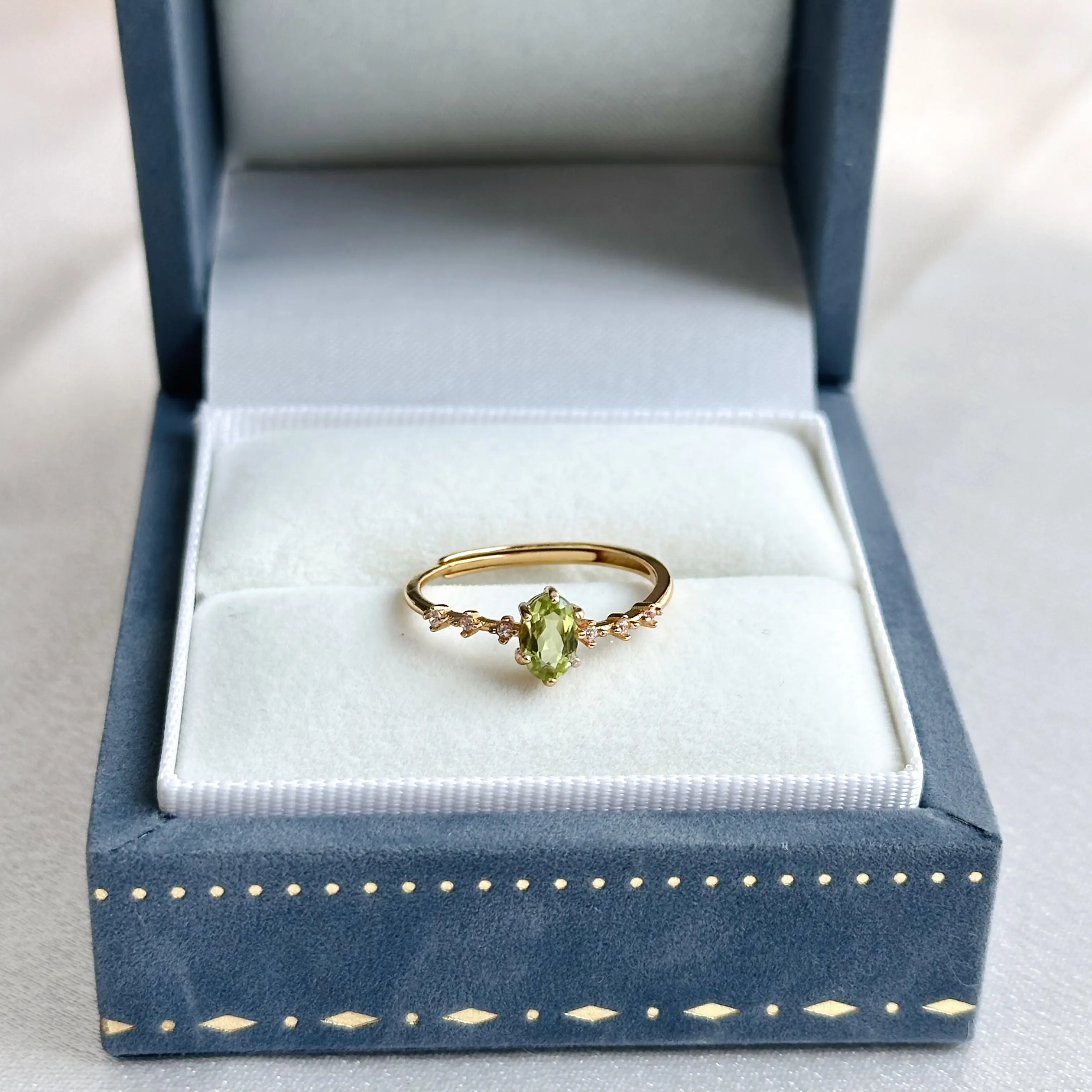 Women's 925 Sterling Silver-18K Gold Plated Marquise Cut Peridot Ring, Adjustable CZ Accent Minimalist Birthstone Fashion Jewelry