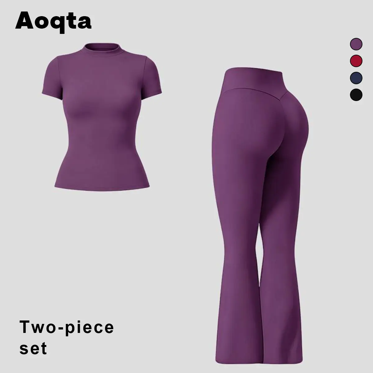 Aoqta Women's 2-Piece Yoga Tracksuit Set - Solid Crew Neck Short-Sleeve T-Shirt & High Waist Flare Leggings, Soft Elastic Breathable Athleisure for Yoga/Workout, Athletic Matching Sports Sweat Suit, T-Shirts, Athleisure Wear, Workout Outfit Inspo