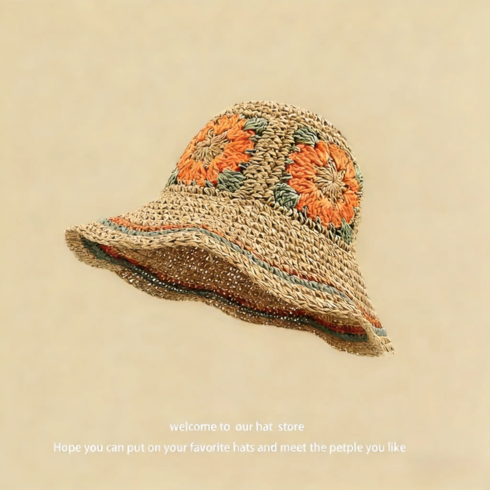 Jacquard ethnic-style hand-woven straw hat, foldable, fashionable sunshade, versatile fisherman hat.