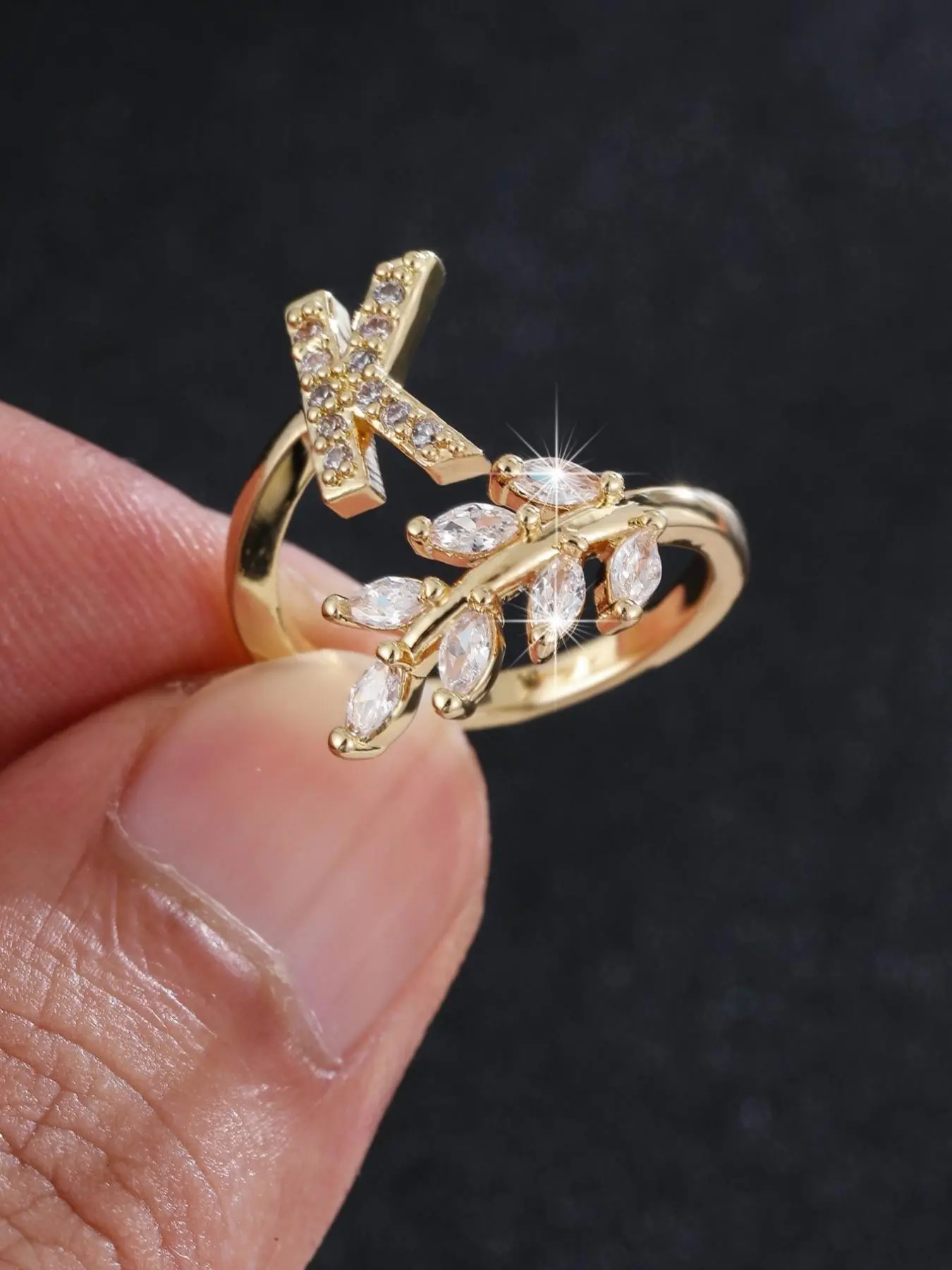 Women's Elegant Zirconia Initial Letters Design Wheat Shape Copper Ring, Alphabet Letter Ring, Fashionable Party Gift Jewelry Accessory for All-Season Wear Initial Rings