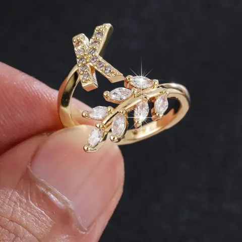 Women's Elegant Zirconia Initial Letters Design Wheat Shape Copper Ring, Beautiful Rings, Alphabet Letter Ring, Fashionable Party Gift Jewelry Accessory for All-Season Wear Initial Rings