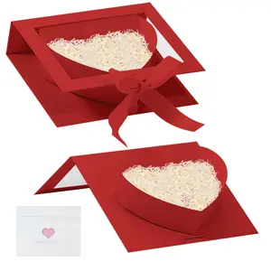 Heart Shaped Boxes 8'x6'x2' Valentine's Day Present Box with Lid Card Ribbon and Lafite Grass - Decorative Candy Storage Container for Floral Packaging, Bridesmaid Present, Anniversary, Birthday Party Favors