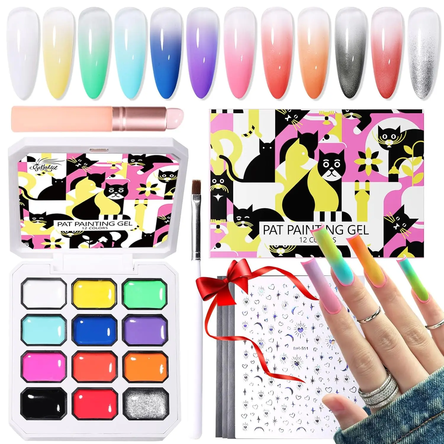 12 Color Patting Nail Gel Polish Kit, Ombre Painting Gel Palette with Brush & Silicone Patting Pen & Nail Art Stickers - UV/LED Curing for Gradient Nails, Beginner Friendly DIY Manicure Set
