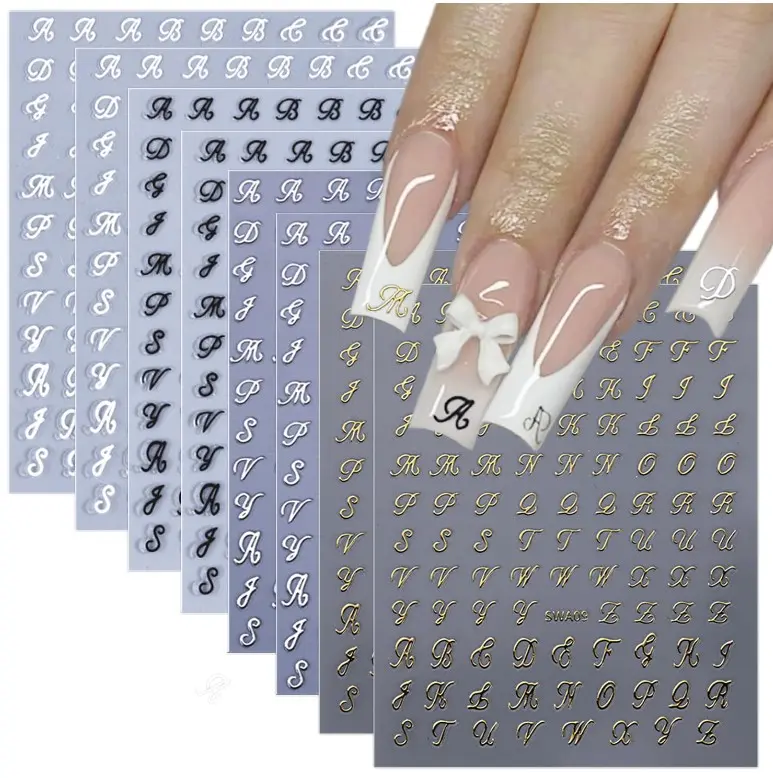 8 Sheets Retro English Letters Nail Stickers for Nail Art 3D Self-Adhesive Black White Gold Silver Design Nail Decals Pegatinas Uñas Personalized Letter Nail Art Stickers for Women DIY Manicure Tip