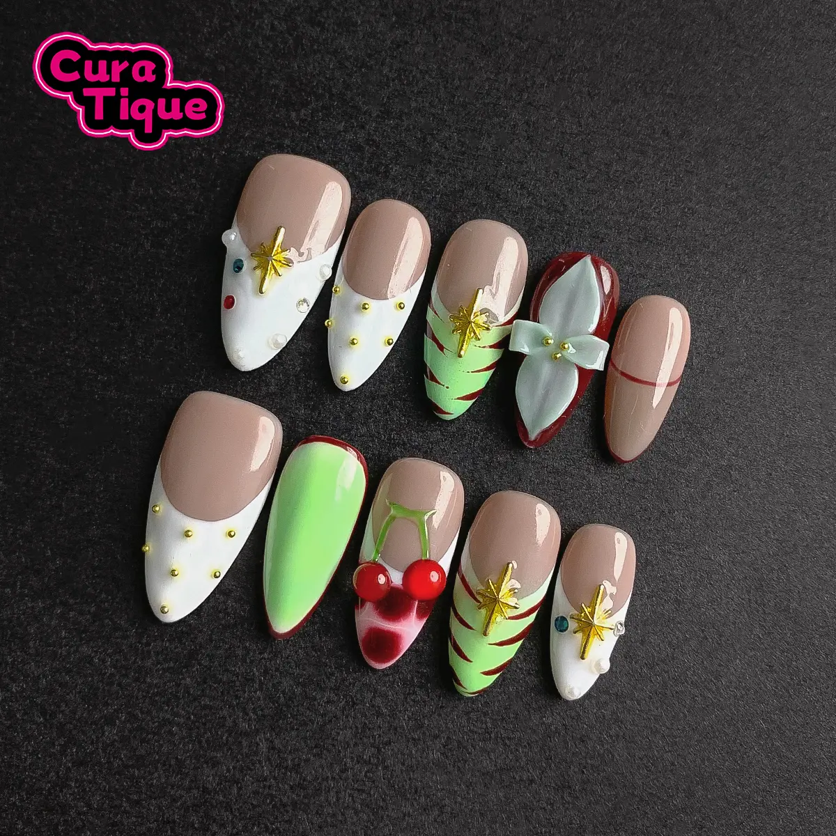 CuraTique | Starlight Mint 10PCS Handmade Press On Nails REUSABLE 3D Gel spring/summer 2025 / Prom, Decorated Nails, Easy Nail Art