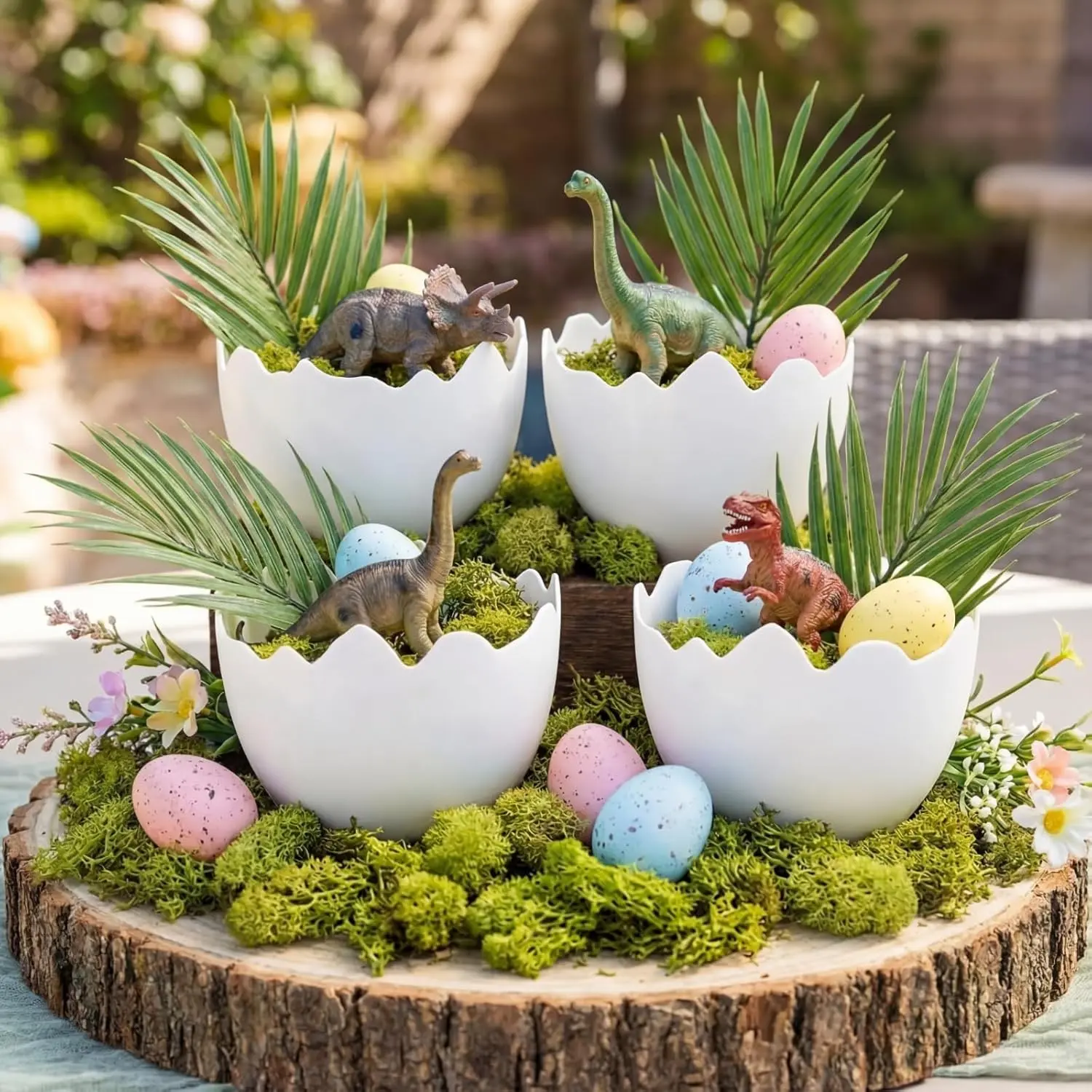 4 Pcs Dinosaur Themed Party Decorations Easter Table Centerpiece Plastic Egg Shape Vases Treat Boxes Snack Trays for Adult Dinosaur Birthday Themed Party Supplies