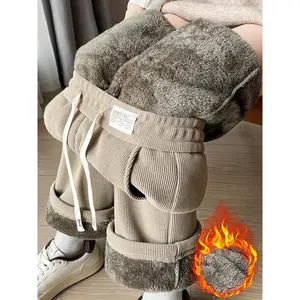 [Thick Warm Fleece Corduroy Pants] Cozy Fleece-Lined Corduroy Wide-Leg Pants for Women - Elegant, Thick & Warm Winter Joggers with Drawstring Waist, Copy, Polar Fleece, Autumn Winter