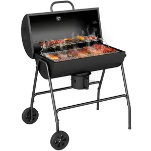 Outsunny Barrel Charcoal BBQ Grill with 420 sq.in. Cooking Area, Outdoor Barbecue with Wheels, Ash Catcher and Built-in Thermometer for Patio Picnic, Backyard Party, Black