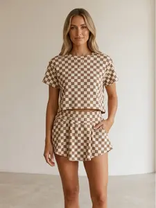 Women's Summer 2 Piece Outfit Checkerboard Short Sleeve Top and Flowy Skort Matching Set Y2K Casual Vacation Activewear